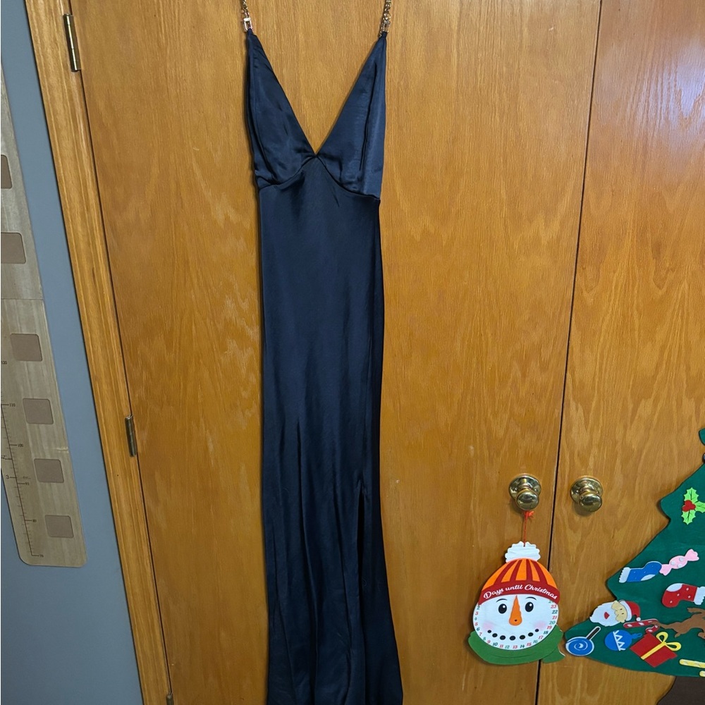 Showpo Midnight Blue Satin Dress with Gold Chain Straps